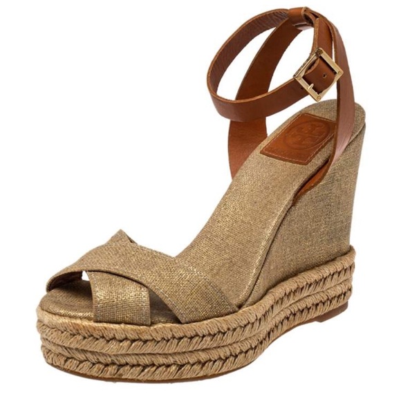 Tory Burch Shoes - Tory Burch gold canvas wedge espadrilles with camel colored leather ankle strap